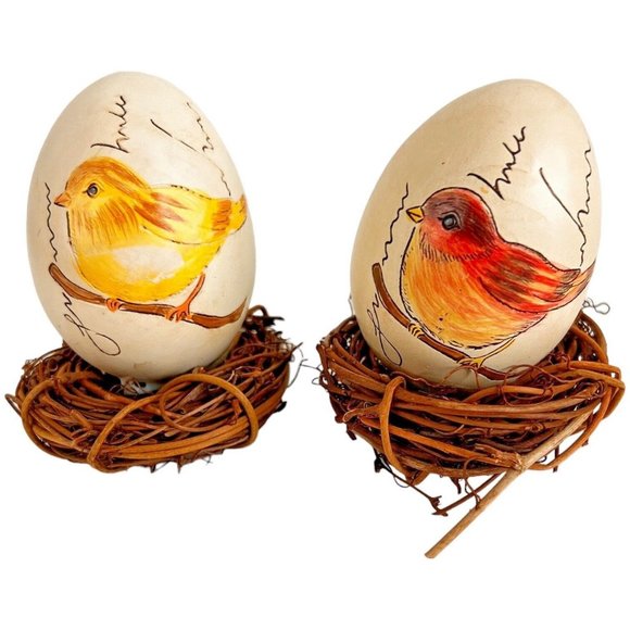 6 Vintage Hand Painted Birds On Ceramic Eggs In Nests Blue Yellow 3 1/4 Inch - Picture 6 of 12